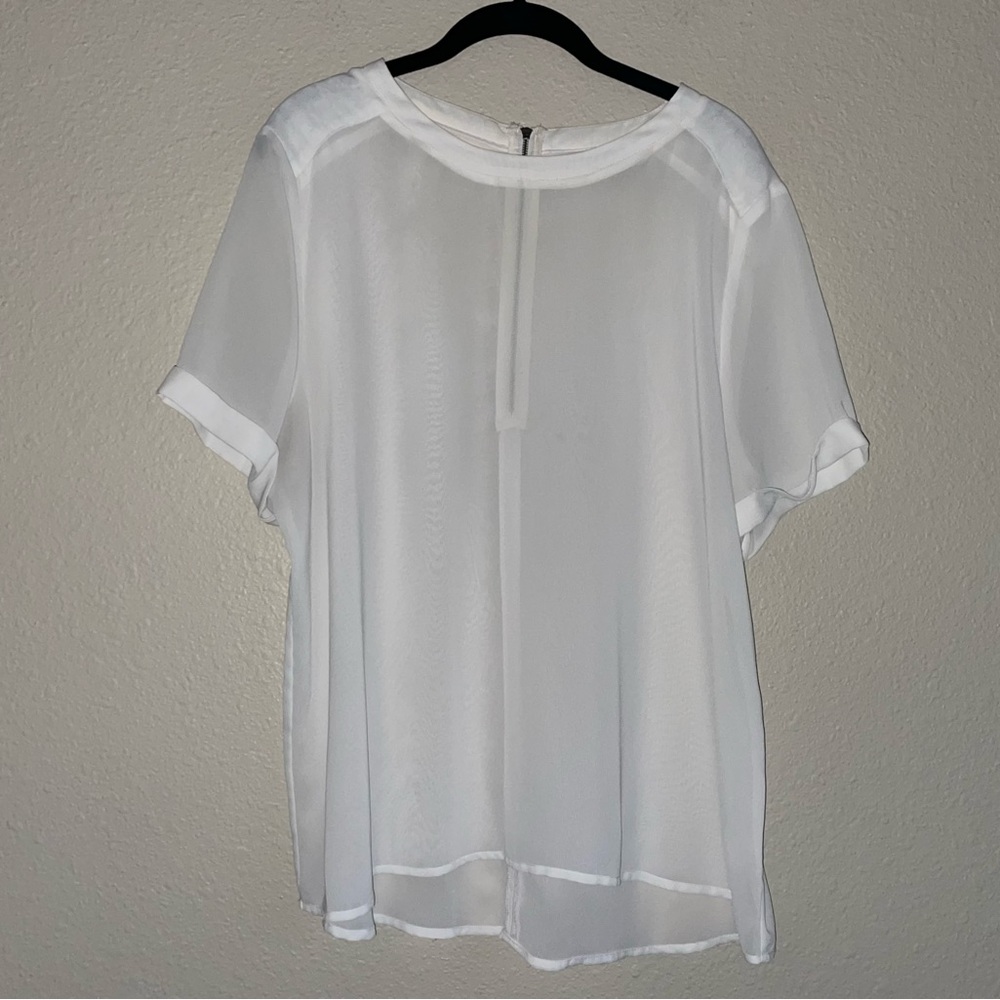Halogen Off-White Semi-Sheer Short Sleeve Zip Back Blouse Sz XL